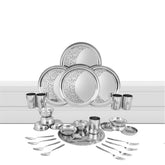 Designer Stainless Steel Shagun Laser Bloom Dinner Set Of 30 Pieces, Silver | 5 Dinner Plate+ 5 Glass+ 5 Bowl+ 5 Pudding Bowl+ 5 Dinner Spoon+ 5 Dinner Fork